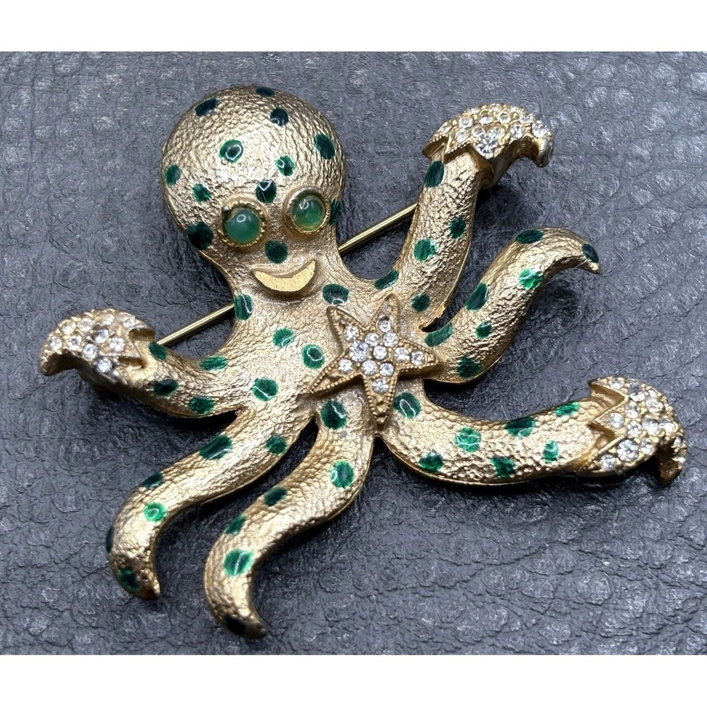 Vintage Les Bernard Octopus Brooch Green Enamel Rhinestone Gold Tone